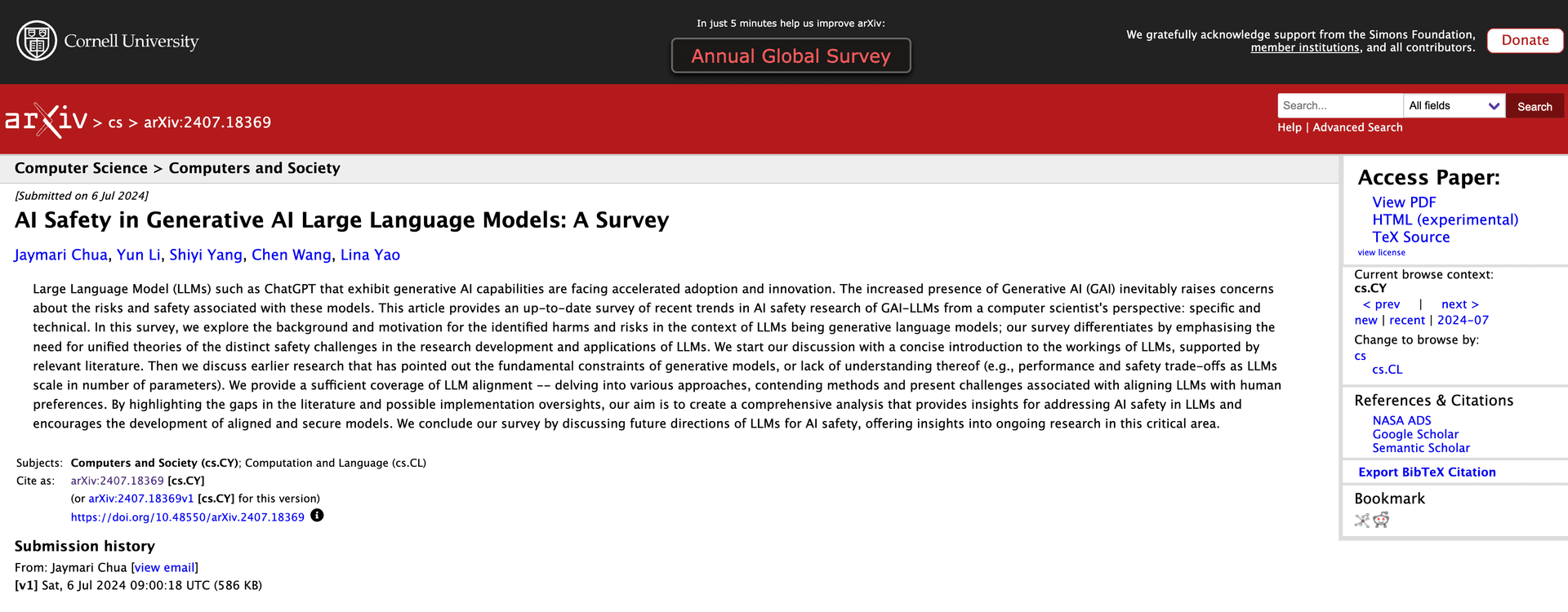 ArXiv page showing Export BibTeX Citation button