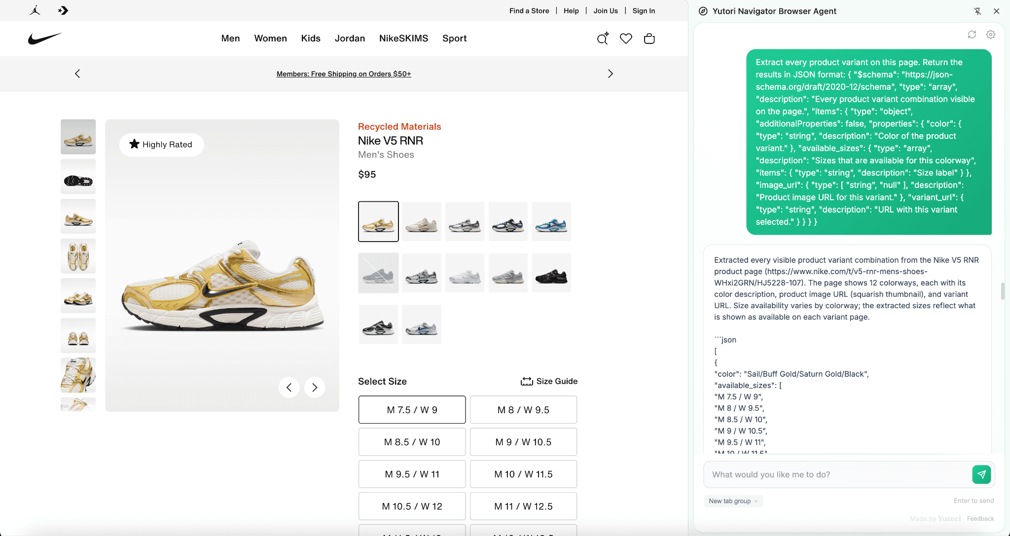 Navigator n1.5 extracting dense product information from a Nike product page using JavaScript