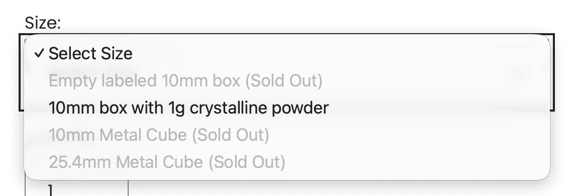 Osmium cube size selector showing sold out